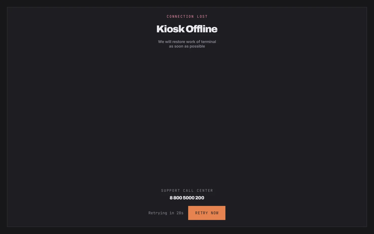 The offline screen: Kiosk Offline, a support phone number, a retry button and a countdown.
