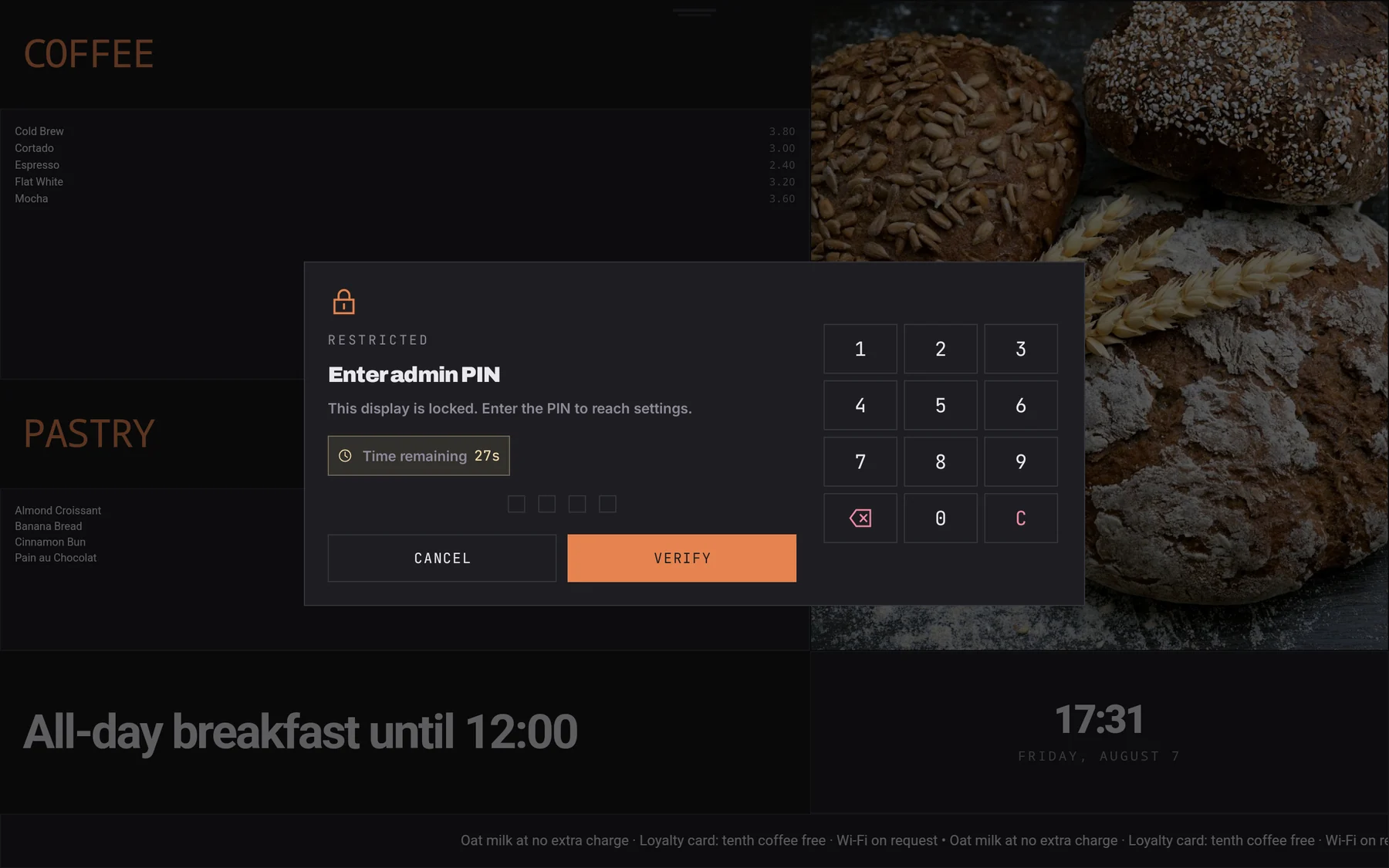 The admin PIN pad over a live menu board, reached by tapping a screen corner five times.