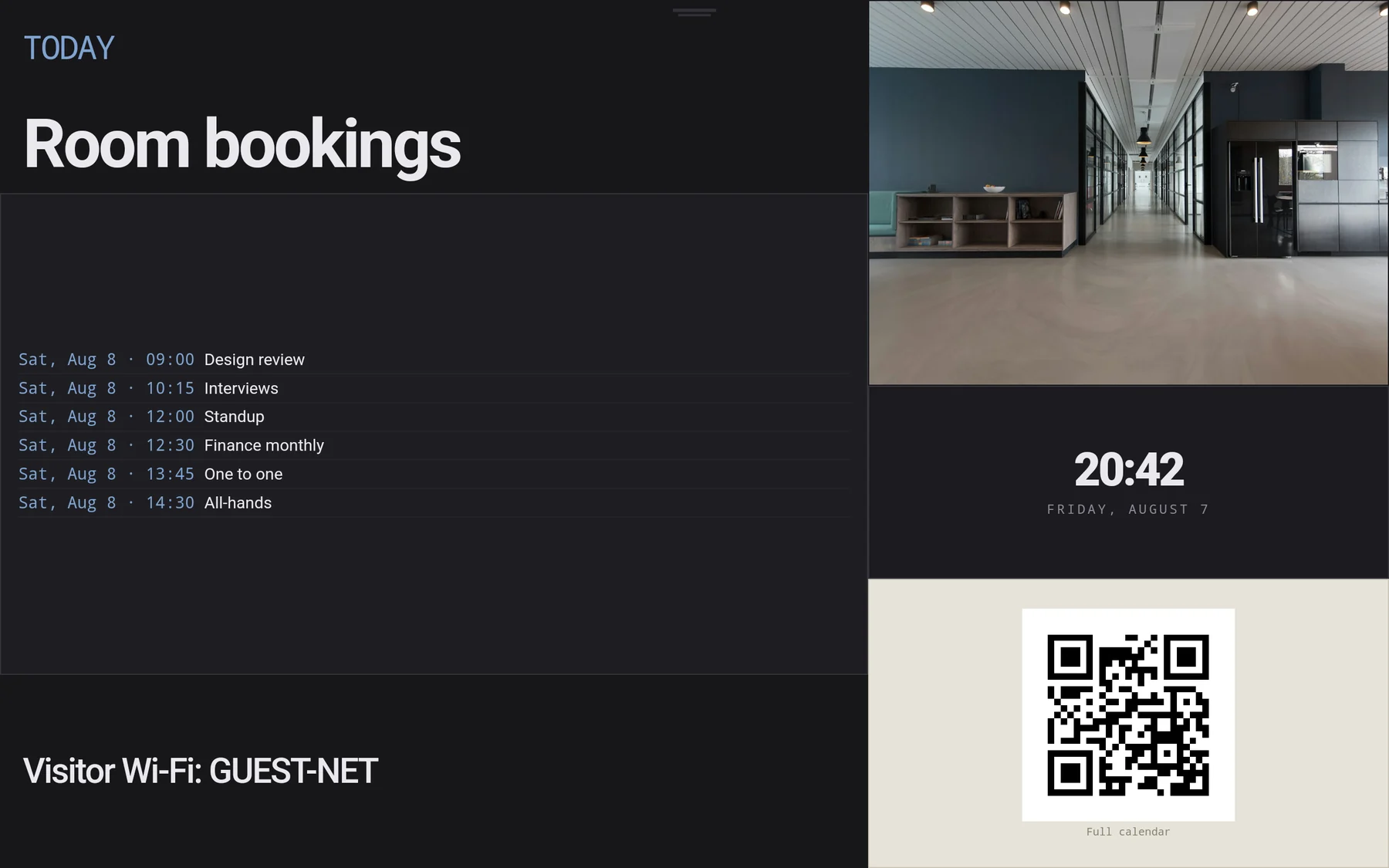 A live agenda board listing six upcoming room bookings from a calendar feed, with a clock and a QR code.