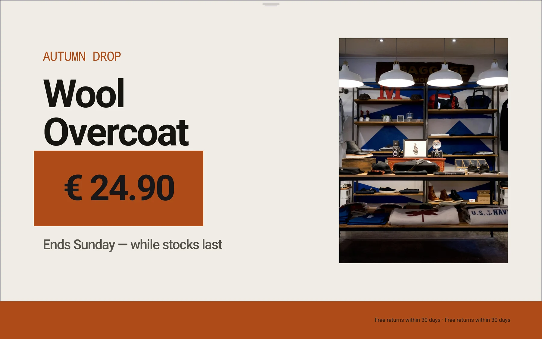 A promotion board on a light paper-coloured ground with dark type and a burnt-orange price block.