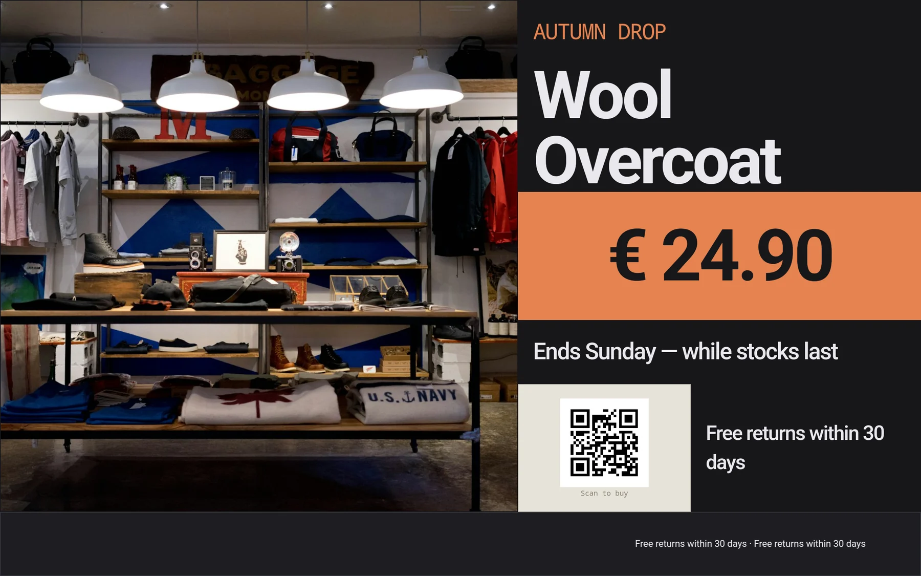 A retail promotion board on a landscape screen: product photo, price, QR code and a news ticker.