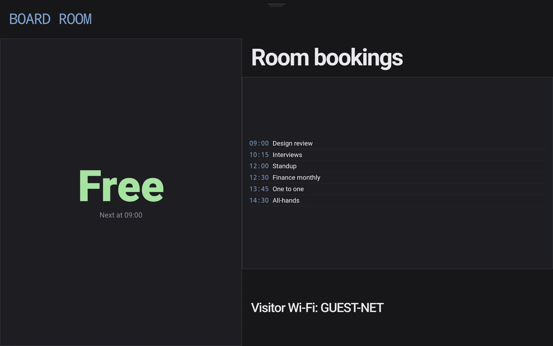 A room status board reading Free, with the next booking time and the day's agenda beside it.