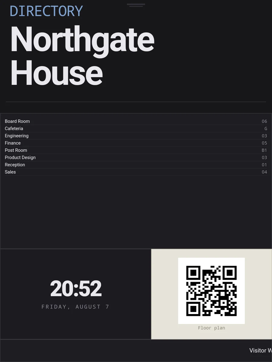 A building directory on a portrait totem: department list, floor numbers, clock and QR code.