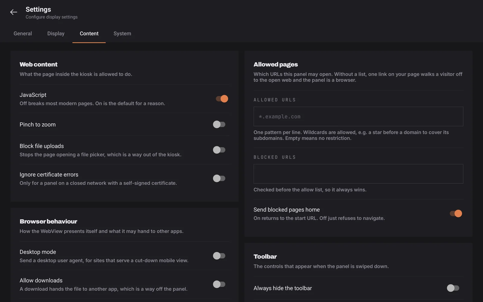 The Content settings tab with web content and allowed pages options.