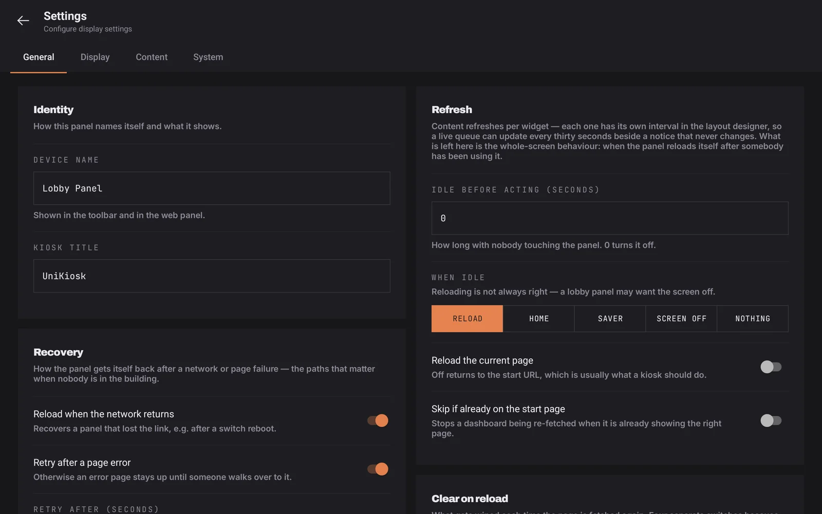 The General settings tab with identity, refresh and recovery sections.