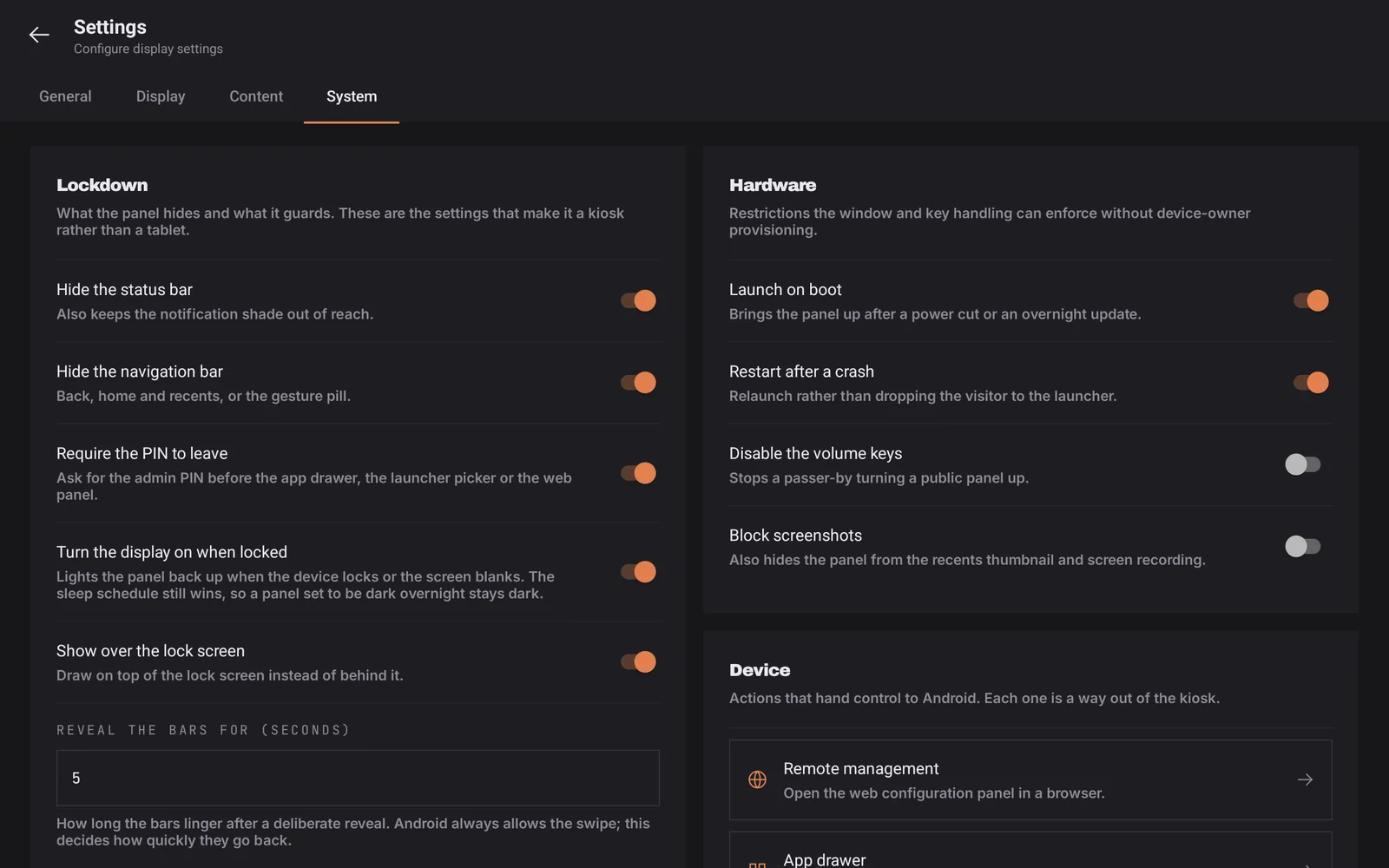 The System settings tab showing lockdown and hardware switches.